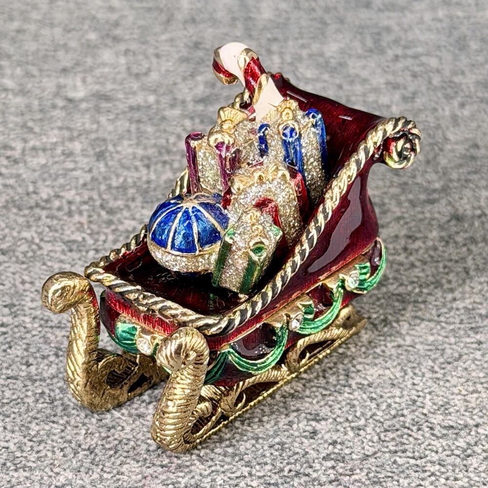 Vintage Monet Santa's Sleigh Gift Mini Trinket Box Christmas Sparkly Rhinestones